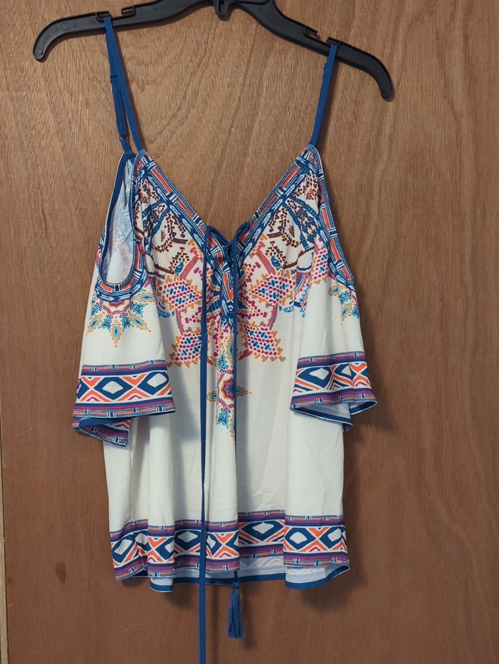 Flying Tomato White Boho Cold-Shoulder Camisole with Blue and Orange Trim